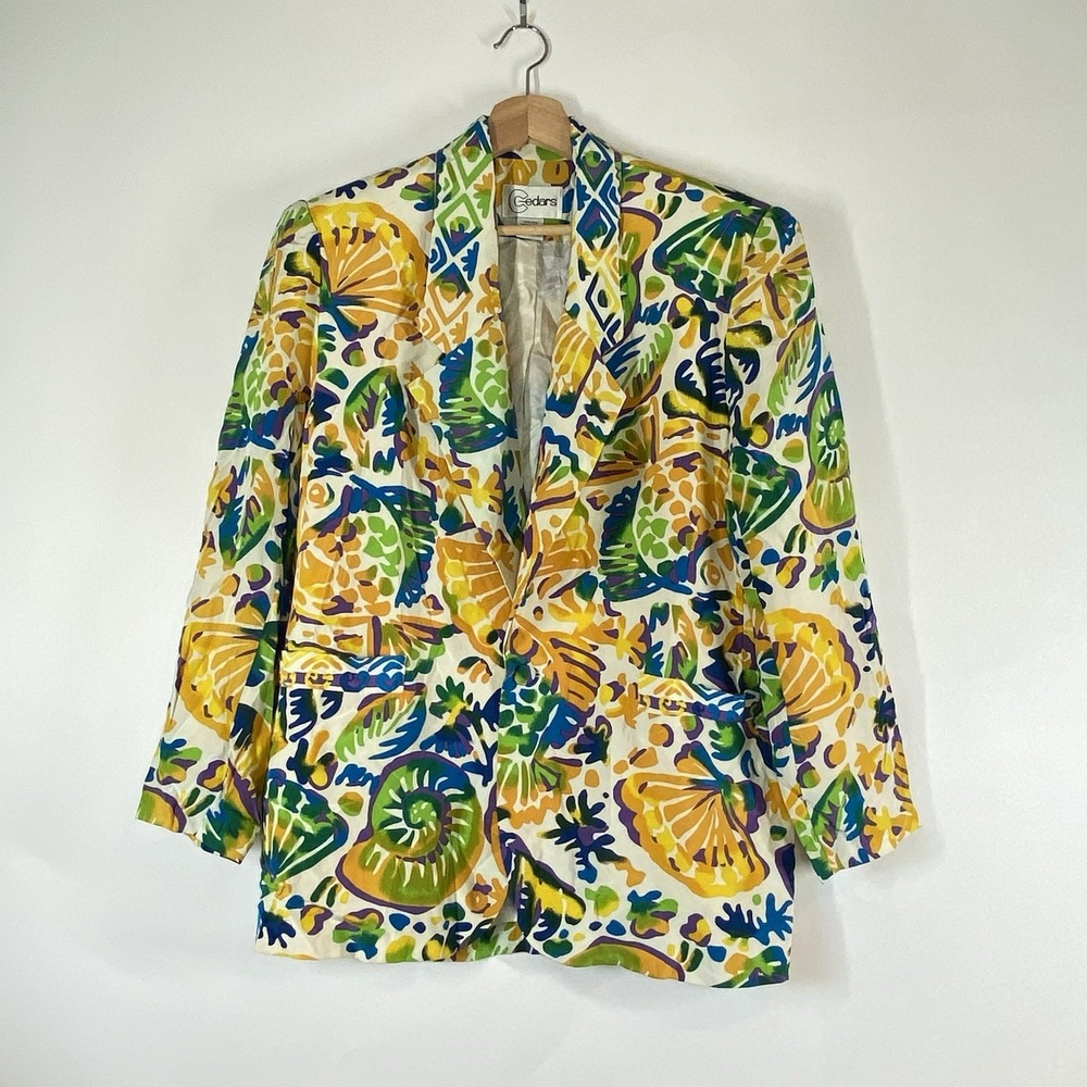 Cedars Vintage Silk Colorful Coastal Print Single Button Blazer Jacket Small